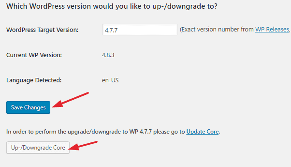 downgrade wordpress