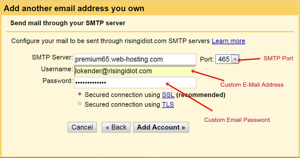 SMTP Server configuration finishing gmail custom domain