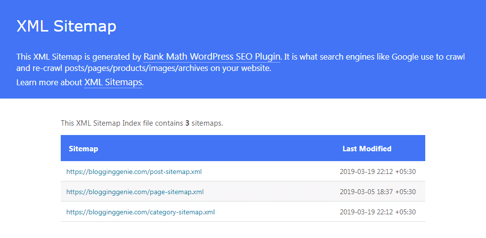 SEO Sitemap of Blogging Genie wordpress seo