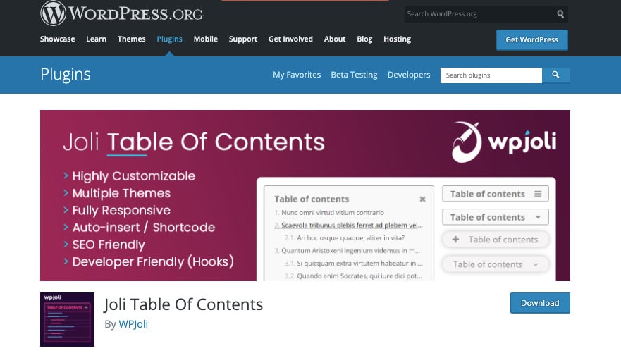 Joli table of contents plugin Joli table of contents plugin