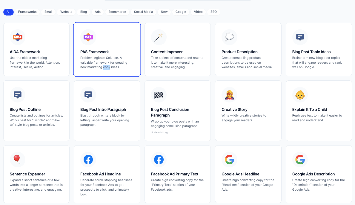 Jasper.ai Templates Jasper.ai Templates copywriting software