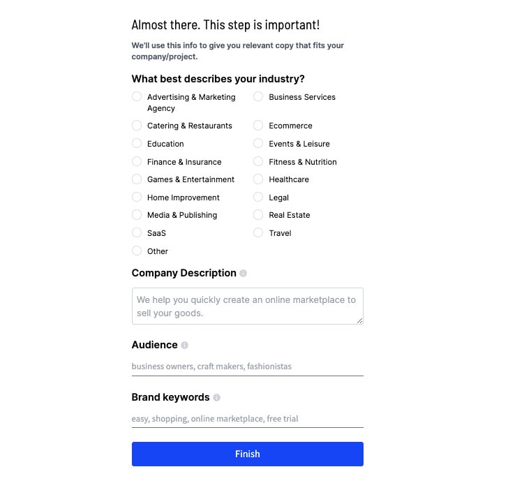 SmartCopy asking business information SmartCopy asking business information copywriting software