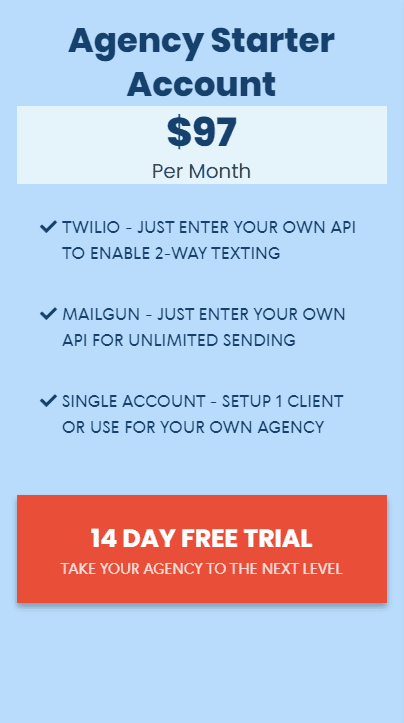 Agency Starter Account GoHighLevel Pricing: Agency Starter Account