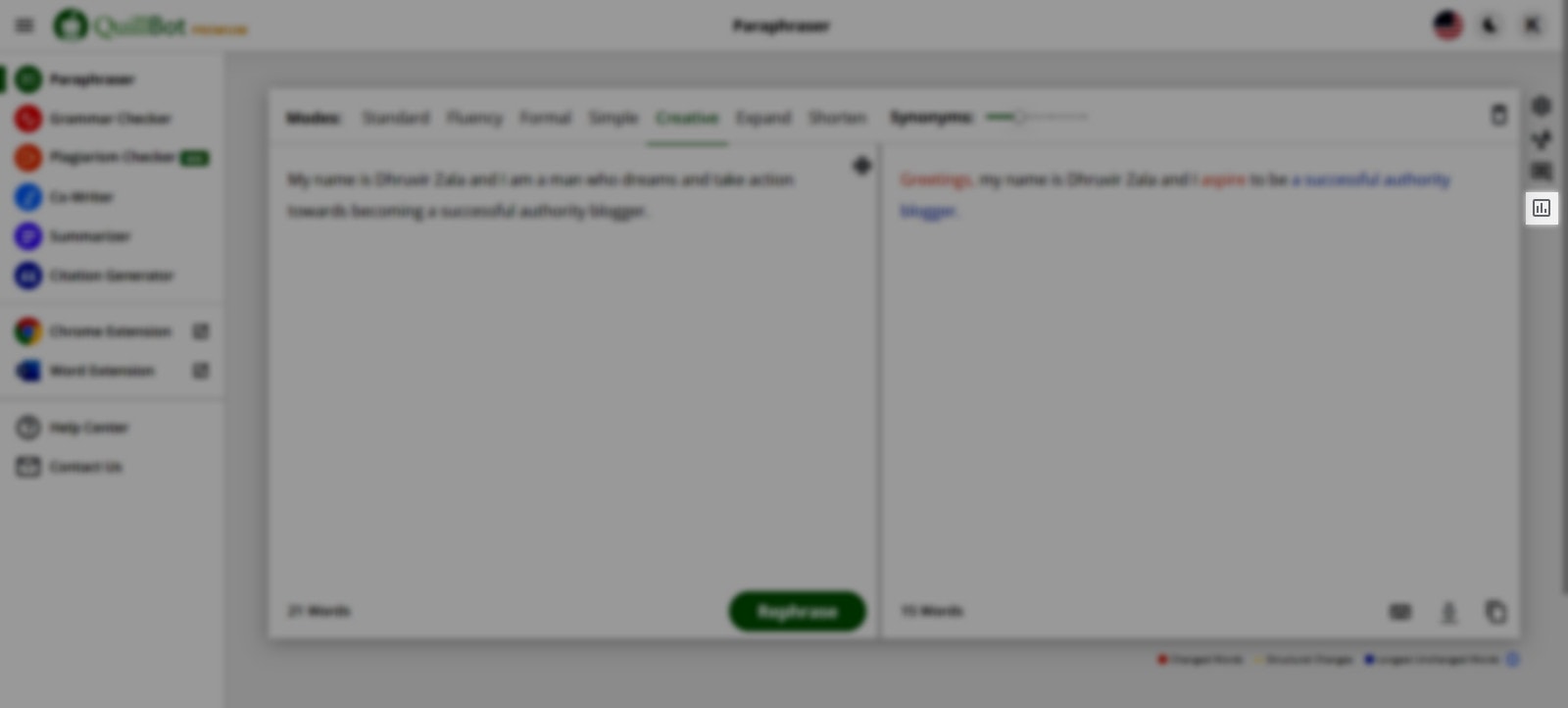 Paraphraser statistics in QuillBot Paraphraser statistics in QuillBot