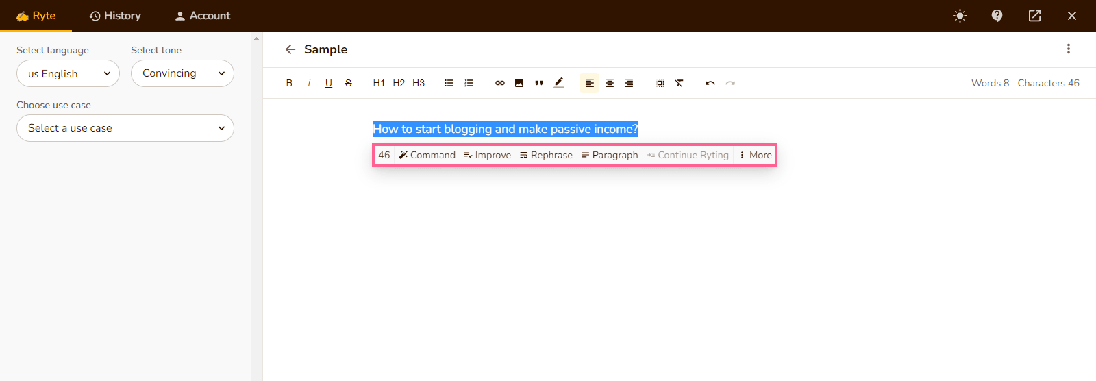 Accessing command feature in Rytr by selecting a desired phrase Accessing command feature in Rytr by selecting a desired phrase