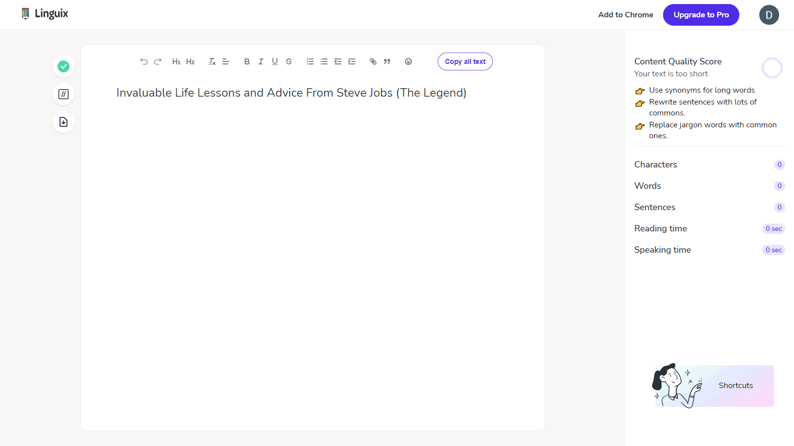 Linguix writing dashboard with all the cool features Linguix writing dashboard with all the cool features